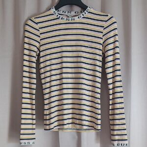 Guess Y2K Long Sleeve Tee Logo Taping, Horizontal Stripes, Ribbed, Stretch